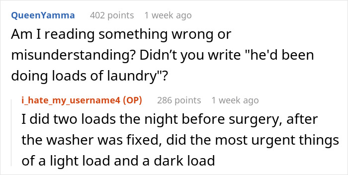 Screenshot of a Reddit comment thread discussing laundry tasks done before surgery.