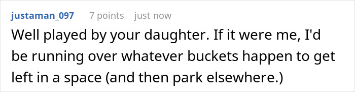 Reddit comment discussing parking space tactics related to HOA Chair's wife.