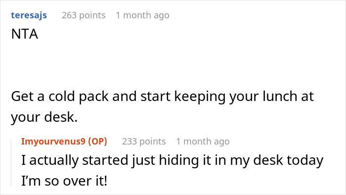 Reddit comments on spicy food theft incident with upset stomach response.