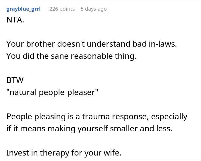 Reddit comment discussing in-laws, people-pleasing, and trauma responses.