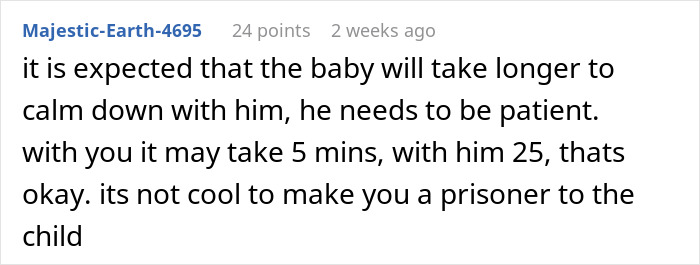 Comment discusses patience in parenting; suggests father needs time to comfort infant son independently without coddling.