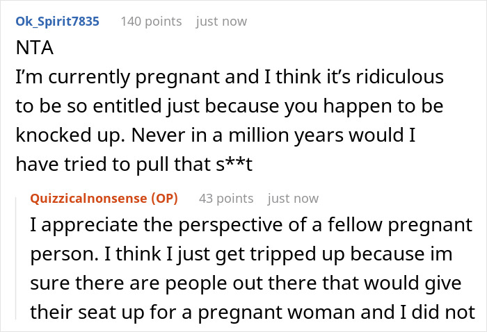 Online discussion about a man insisting a stranger give up their prepaid train seat for his pregnant wife.