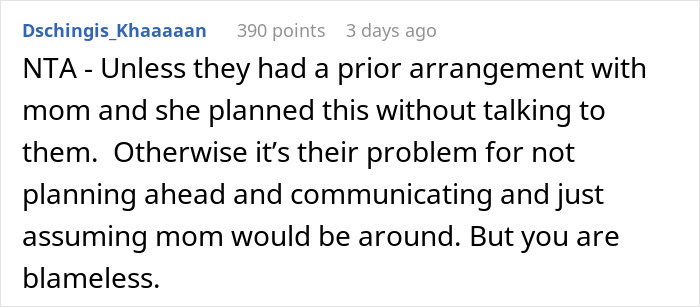 Comment discussing a situation where a mom refuses to cancel her cruise, mentions prior arrangements and communication issues.