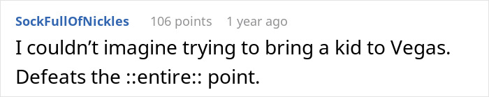 Reddit comment questioning babysitting decision, mentioning Vegas trip.