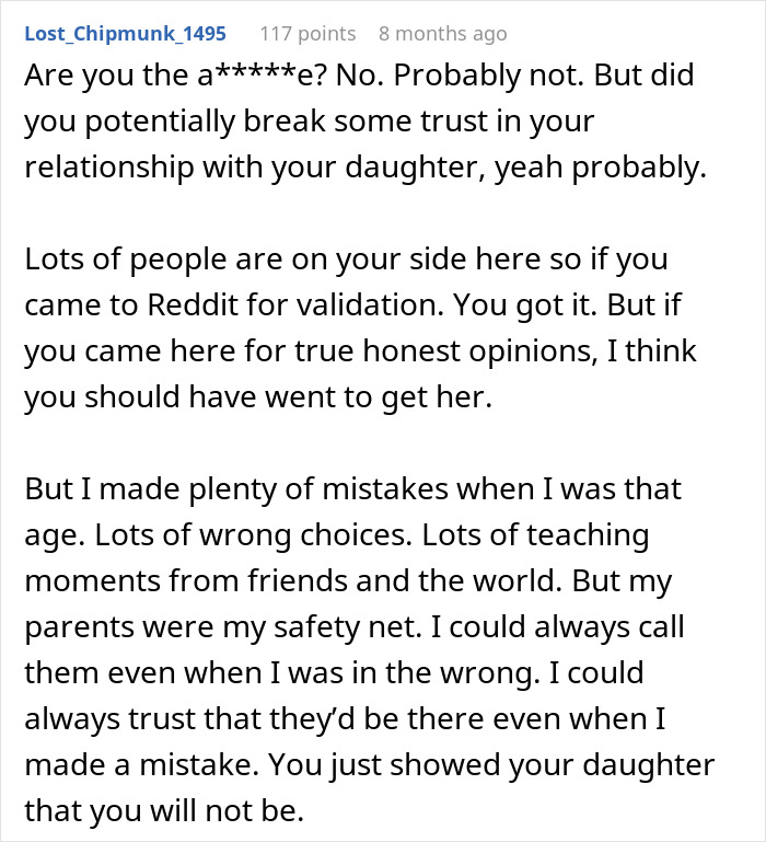 Reddit comment discussing parental decisions, trust, and the context of a road trip situation.