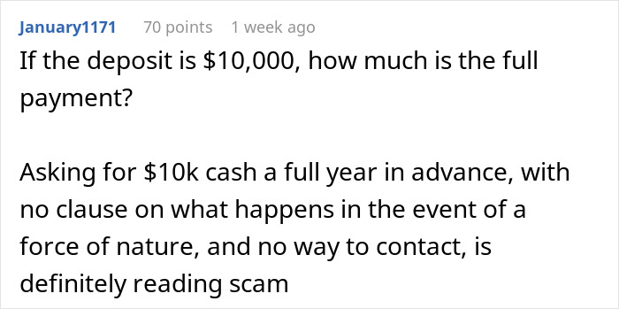 Text discussing concerns about a $10,000 wedding deposit, questioning full payment and potential scam risks.