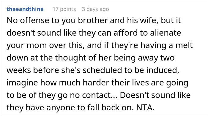 Reddit comment discusses a mom planning a cruise despite her daughter-in-law's impending birth.