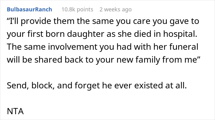 Text post discussing refusing care for father's affair family after his death, with NTA response and 10.8k points.