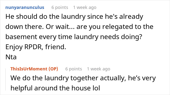 Reddit conversation about laundry and watching 'RuPaul’s Drag Race.