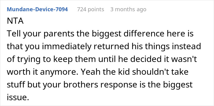 Reddit comment discussing an issue with letting kids take items in a family dispute, highlighting a brother's response.