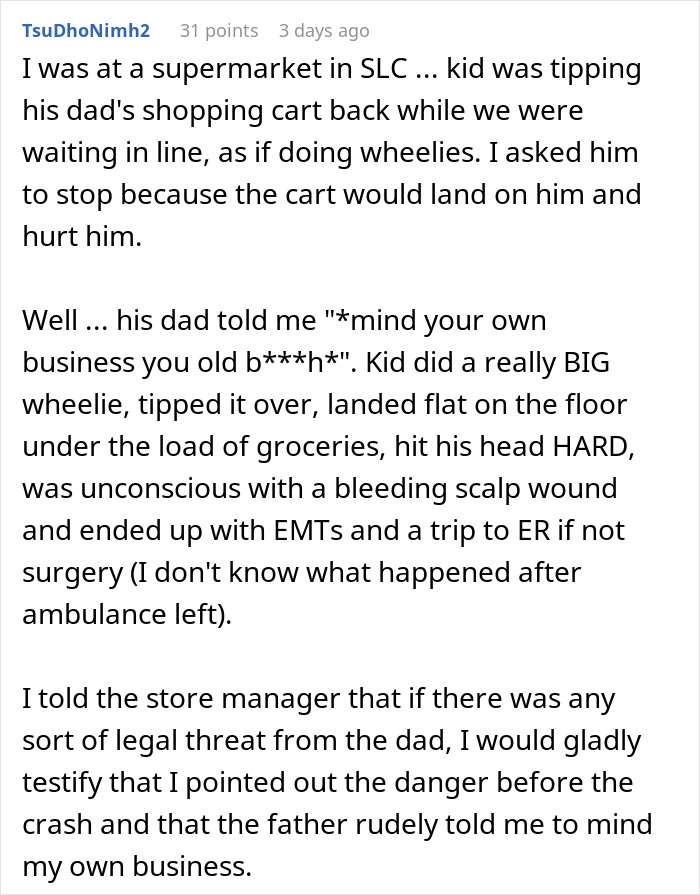 Reddit comment discussing an incident involving a kid tipping a shopping cart in a store.