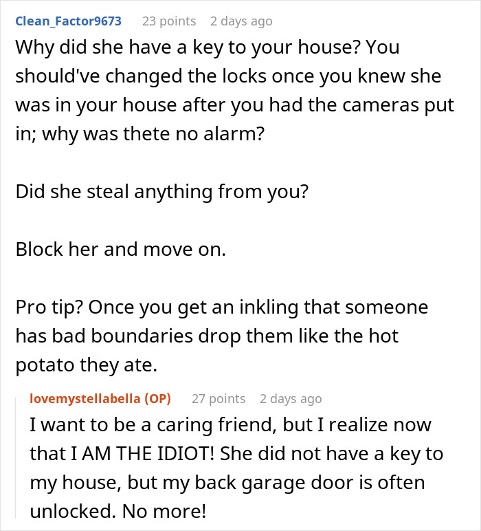 Social media comments discussing a woman breaking into a friend's house, emphasizing boundary respect.