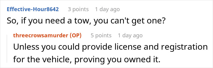 Reddit exchange about towing cars without proof of ownership.