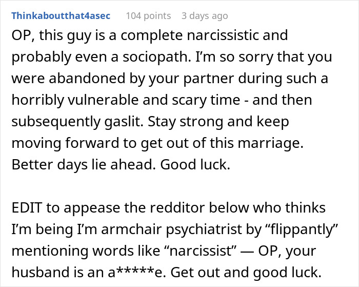 Reddit post discussing marriage issues and husband’s behavior after ignoring wife's SOS call.