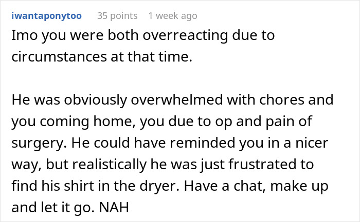 Comment discussing a couple's reaction post-surgery, mentioning laundry and a suggestion to talk things over.