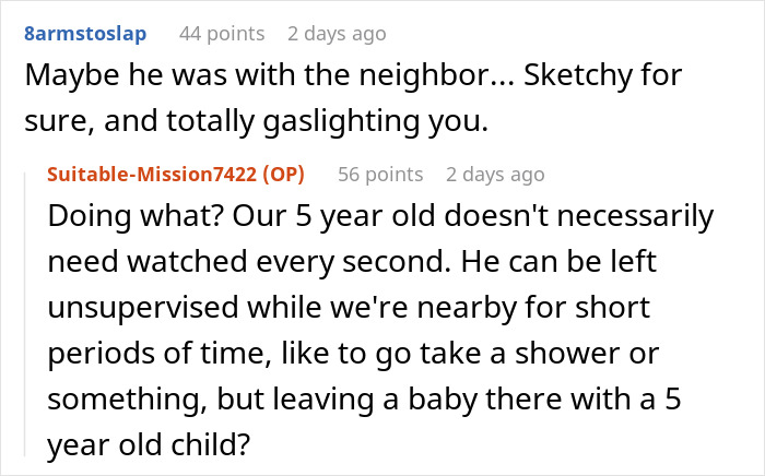 Reddit discussion about a husband denying leaving young children home alone, mentioning gaslighting concerns.