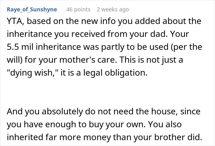 Text discussion about inheritance and family obligations, focusing on a large inheritance used for a mother's care.