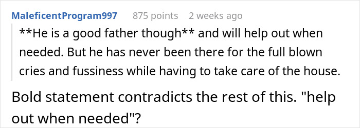 User comment discussing a father's involvement, questioning his help in caring for their infant son.