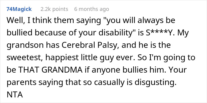 Comment discussing disability and bullying, expressing protective feelings for a grandson with cerebral palsy.