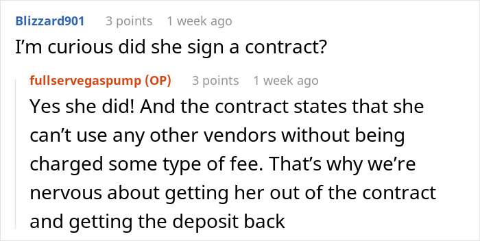 Two users discussing a wedding vendor contract and concerns about getting the wedding deposit back.