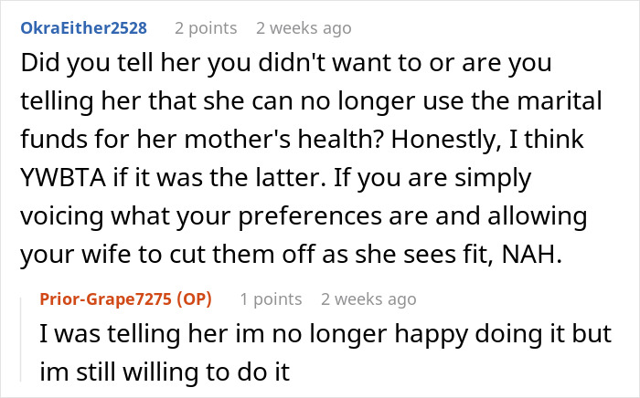 Reddit discussion on financial boundaries with in-laws, featuring user comments and differing viewpoints.