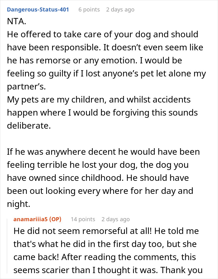 Reddit comments discussing a woman's lost dog, criticizing a boyfriend's lack of remorse and responsibility.