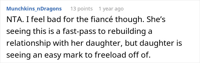 Reddit comment about a stepdad refusing to take in an 18-year-old and her boyfriend.