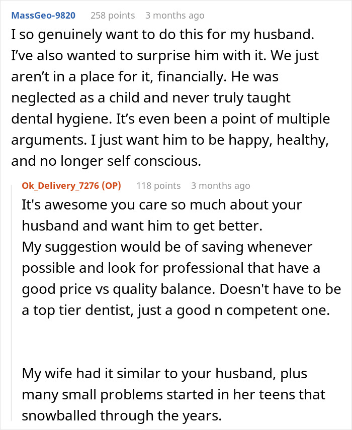 Reddit comments discussing dental care concerns and suggestions between spouses.