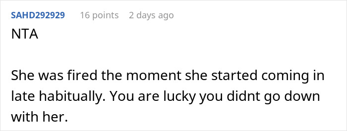 Reddit comment discussing a woman not passing probation due to lateness.