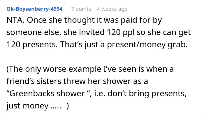 Comment discussing someone's entitled sister inviting 120 people to a baby shower for gifts.