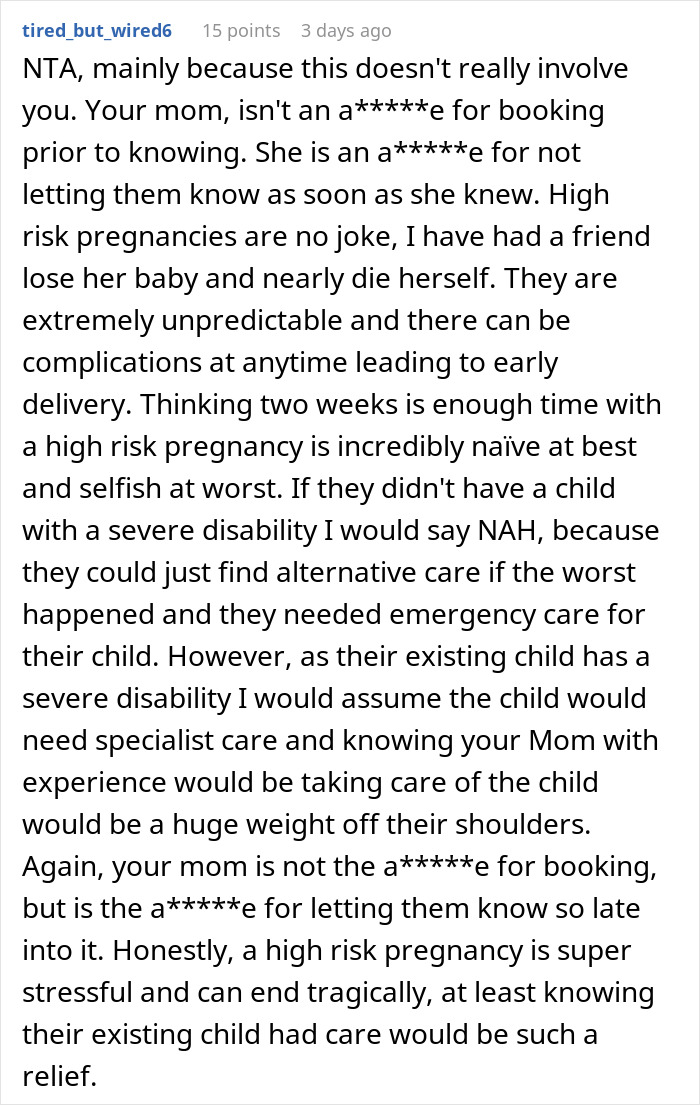 Text discussing high-risk pregnancies and the implications of not canceling plans for potential early birth.