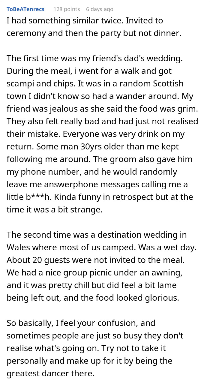 Reddit user shares story of attending a wedding ceremony and reception but being excluded from the dinner.