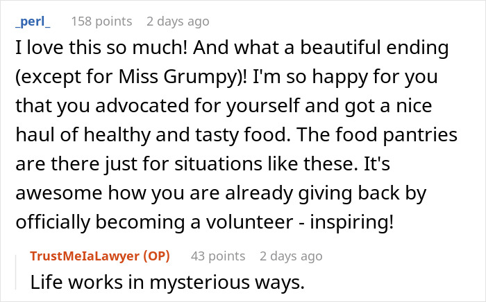 Reddit comments about food bank experience, highlighting laughter and volunteering.