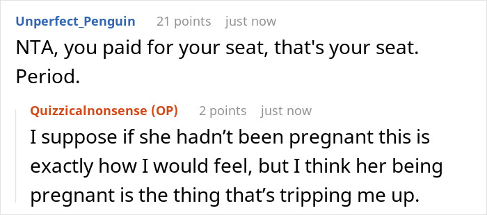 Text exchange debating giving up a prepaid train seat for a pregnant woman.