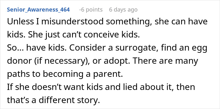 Comment discussing alternatives for having kids, including surrogacy and adoption.