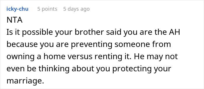 Comment discussing partner preventing in-laws from purchasing a nearby home to protect their marriage.