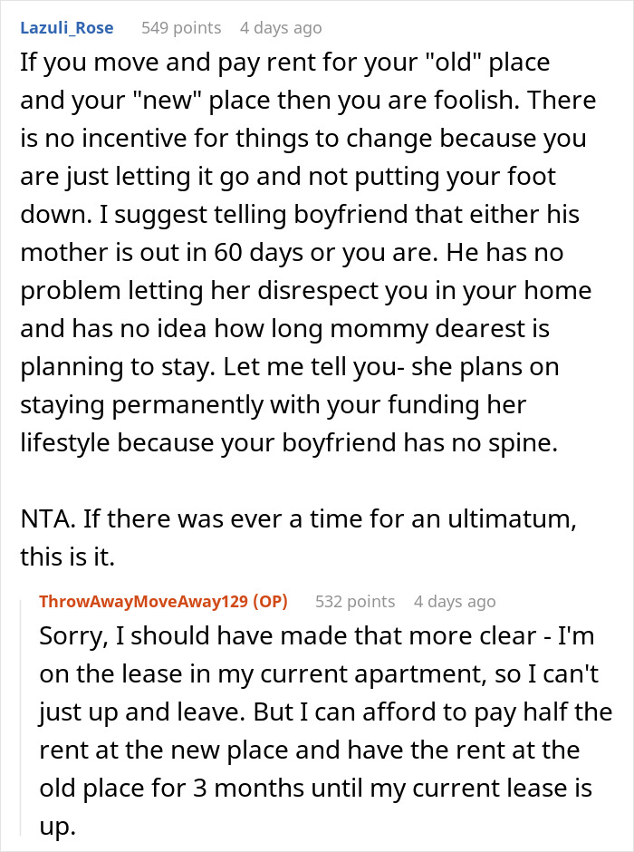 Reddit comments discussing issues with a difficult mother-in-law living in an apartment.