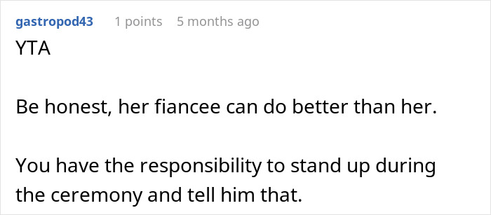 Text from a forum post suggesting a fiancé deserves better and should be told during the ceremony.