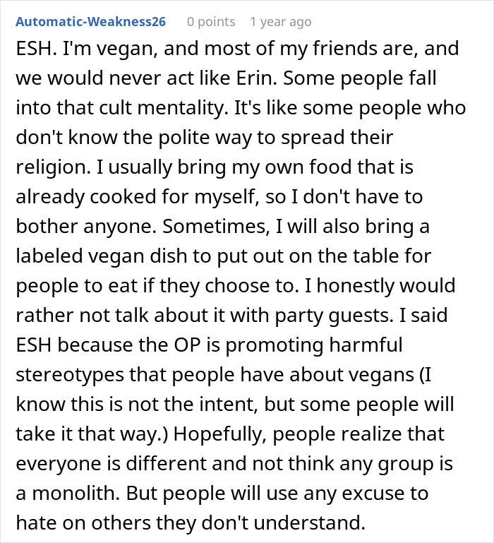 Text discussing veganism, personal experience at family gatherings, and opinions on promoting stereotypes.