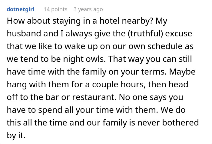 Comment advising a child-free couple on vacation strategies to maintain personal time and space.