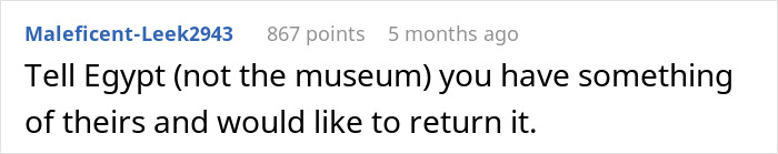 Text comment about an artifact theft from a museum and return to Egypt.