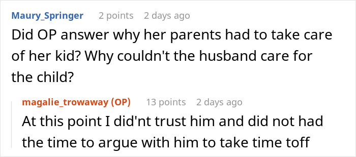 Text exchange discussing a husband's decision not to care for his child, highlighting trust issues and strained marriage.