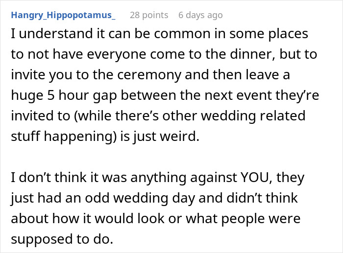 Text from a forum user discussing being excluded from a wedding dinner, expressing it feels odd and inconsiderate.