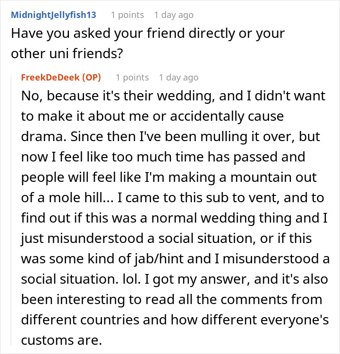 Reddit discussion about feeling excluded from a wedding dinner, seeking advice on social customs.