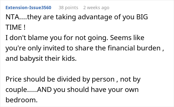 Comment discussing a childfree woman's decision to skip a family vacation, mentioning sharing financial burden and babysitting.