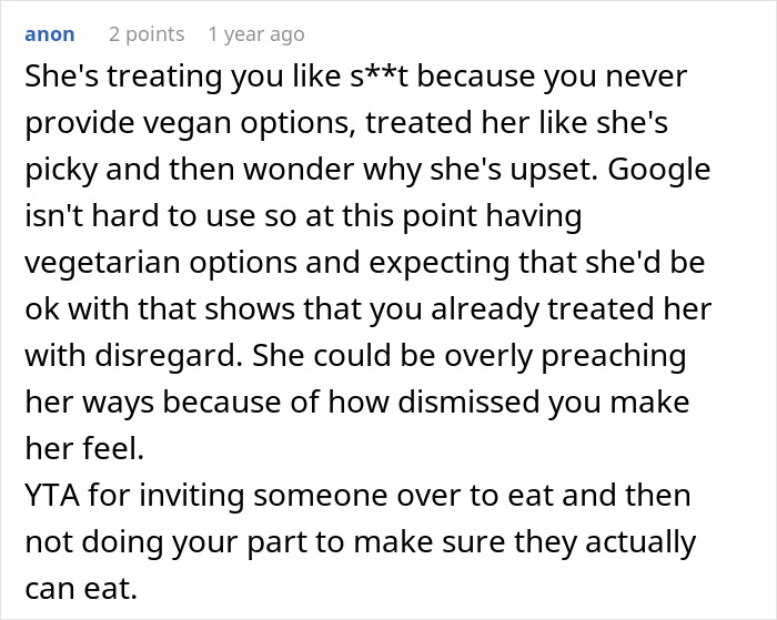 Comment criticizing lack of vegan options, mentioning feeling dismissed and disregarded, causing tension at family barbeques.