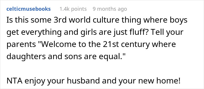 Reddit comment discussing equality with sarcastic tone, addressing wedding-related financial dynamics.