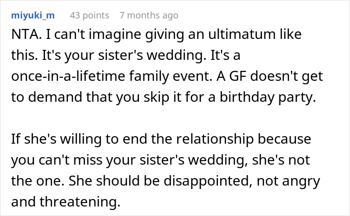 Comment discussing a woman&rsquo;s ultimatum about attending a birthday party over a sister&rsquo;s wedding.