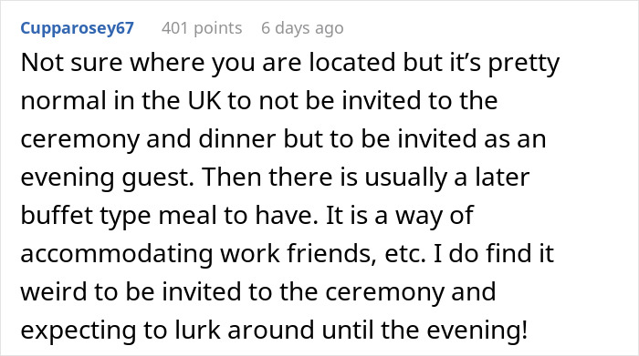 Text about a woman feeling weird being invited to a wedding but excluded from dinner.