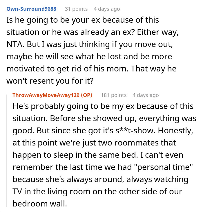 Reddit conversation about a woman driven out by a difficult mother-in-law in her apartment.